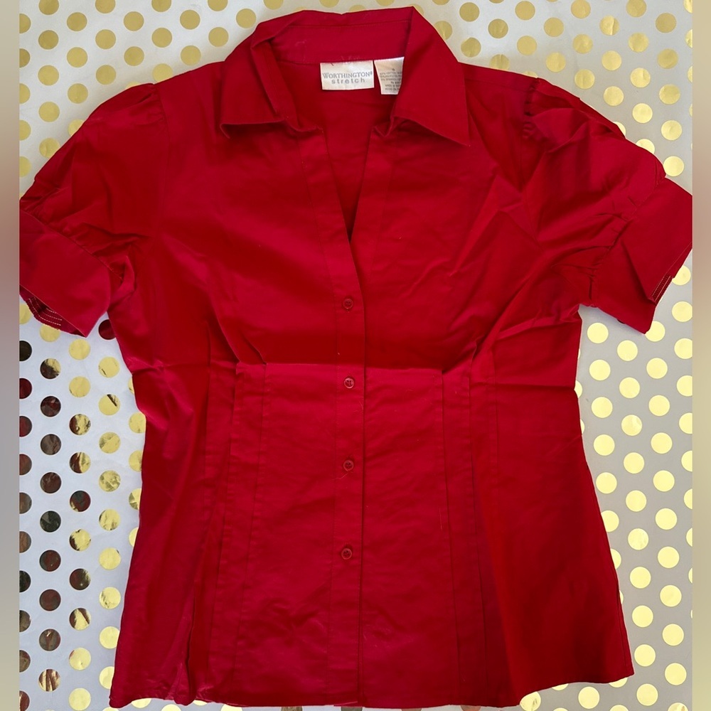 Worthington Red Puff Sleeve Button Down Shirt